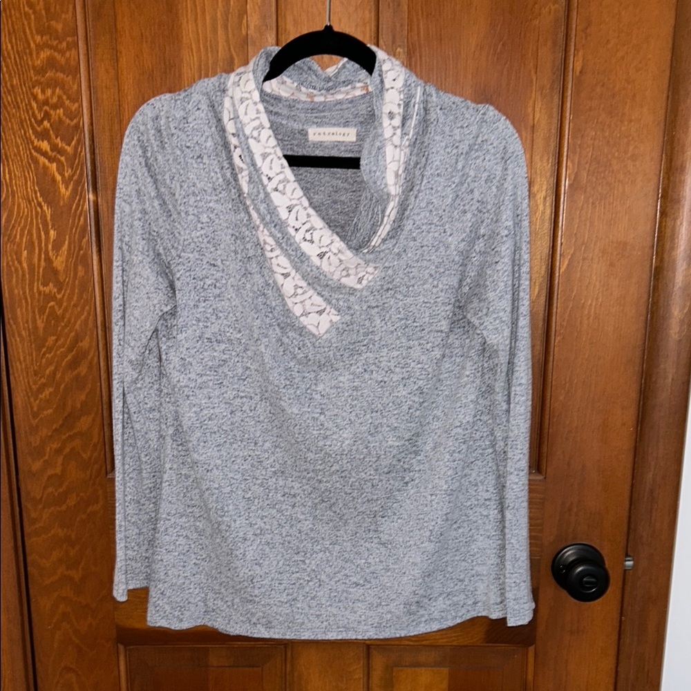 Retrology marled Gray Sweater with Cream lace draped neck